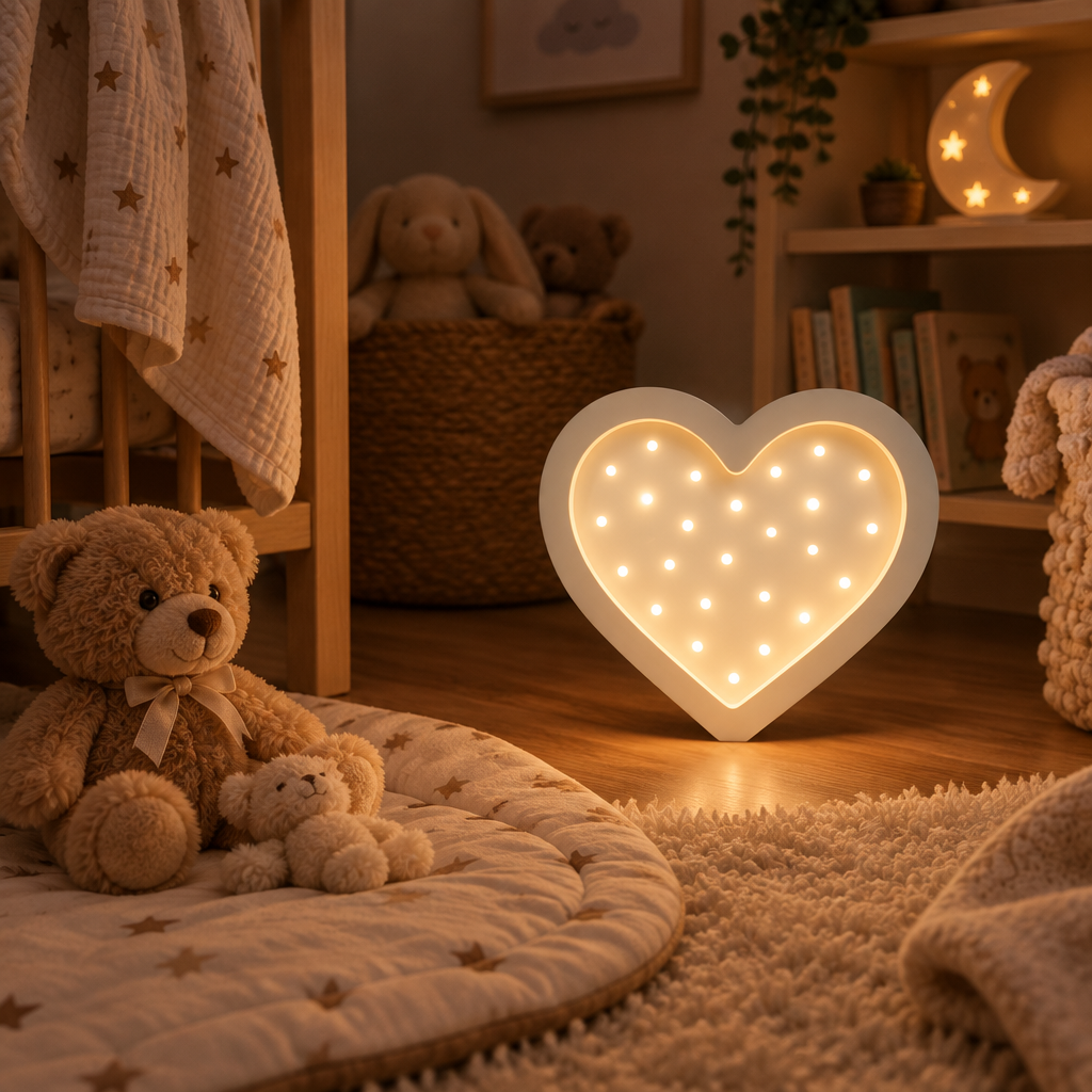 Veilleuse bébé Cœur allumée au sol près d’un tapis de jeu