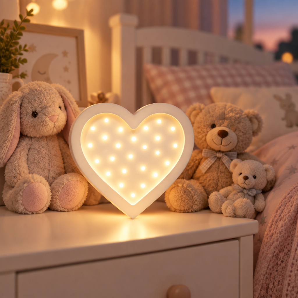 Veilleuse bébé Cœur allumée sur une table de chevet avec peluches