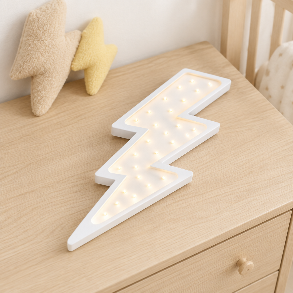 Veilleuse éclair blanche posée à plat sur une commode