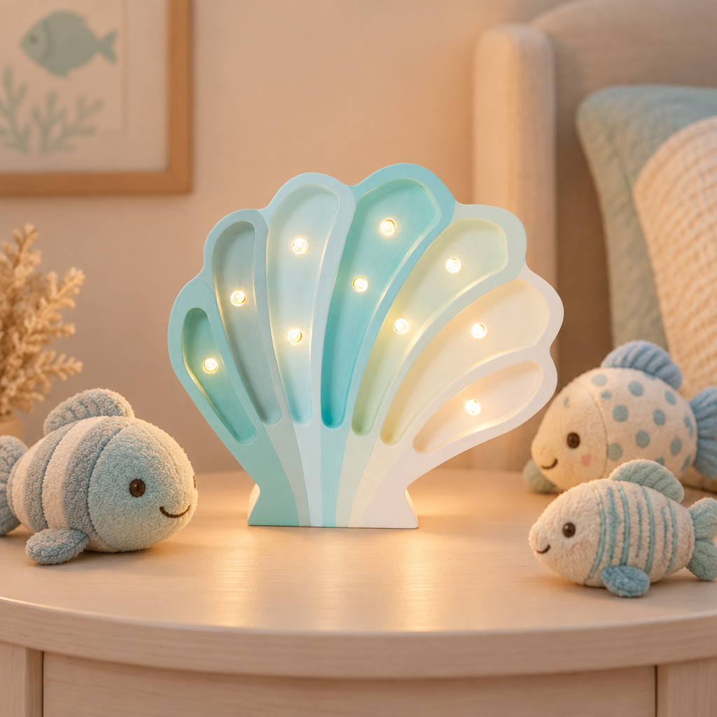 Veilleuse bébé Coquillage bleu pastel avec peluches poisson