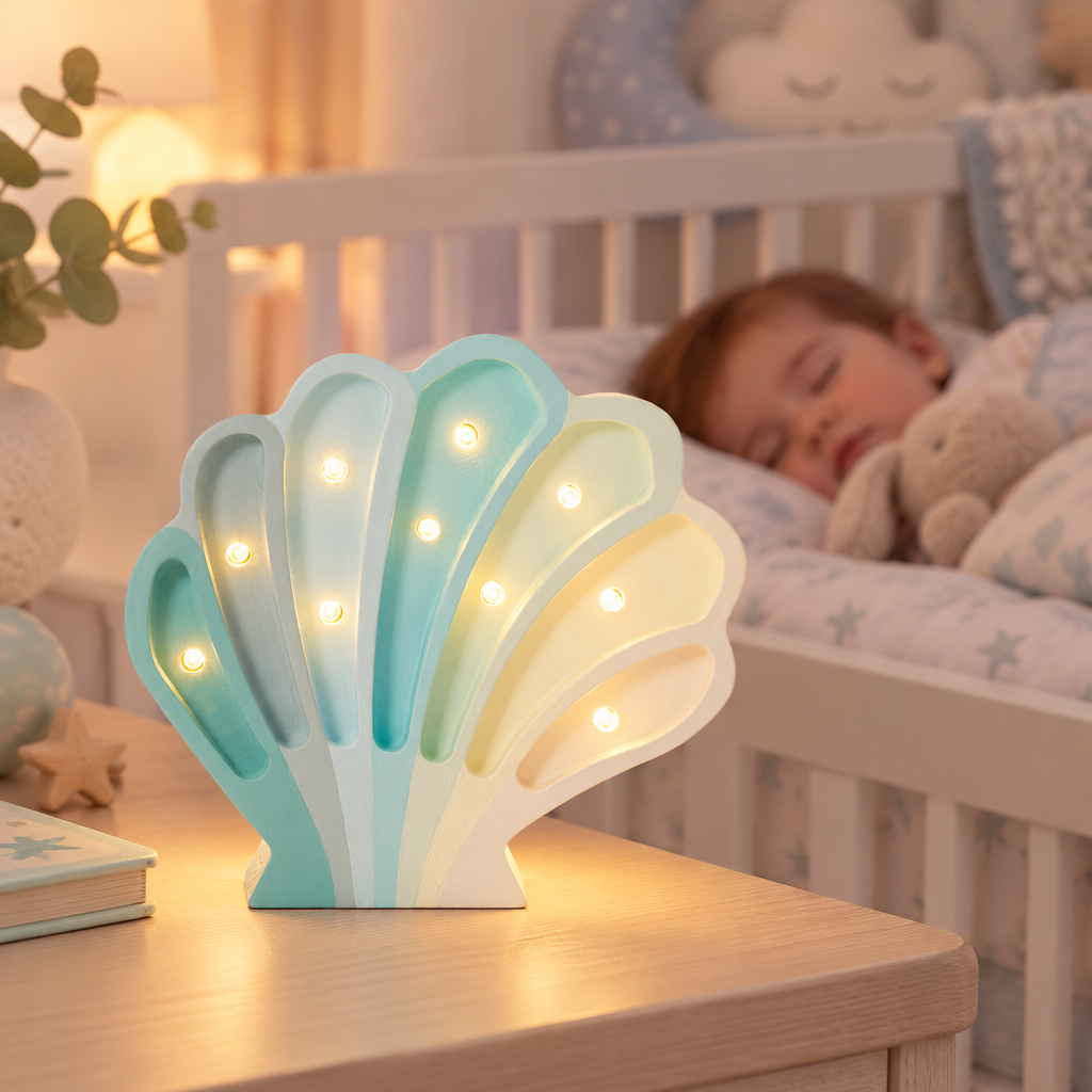 Veilleuse bébé Coquillage au premier plan près d’un bébé endormi