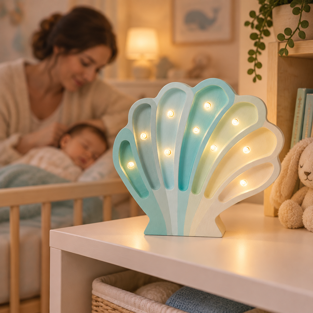 Maman et bébé endormi près de la veilleuse Coquillage