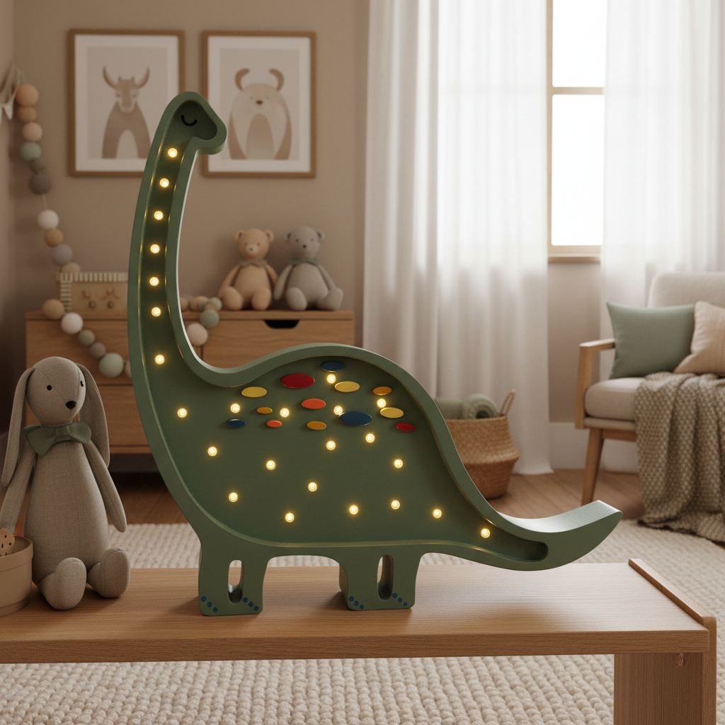 Veilleuse bébé Diplodocus en bois sur une étagère de chambre enfant