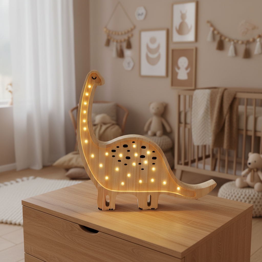 Veilleuse bébé Diplodocus allumée dans une chambre enfant cosy