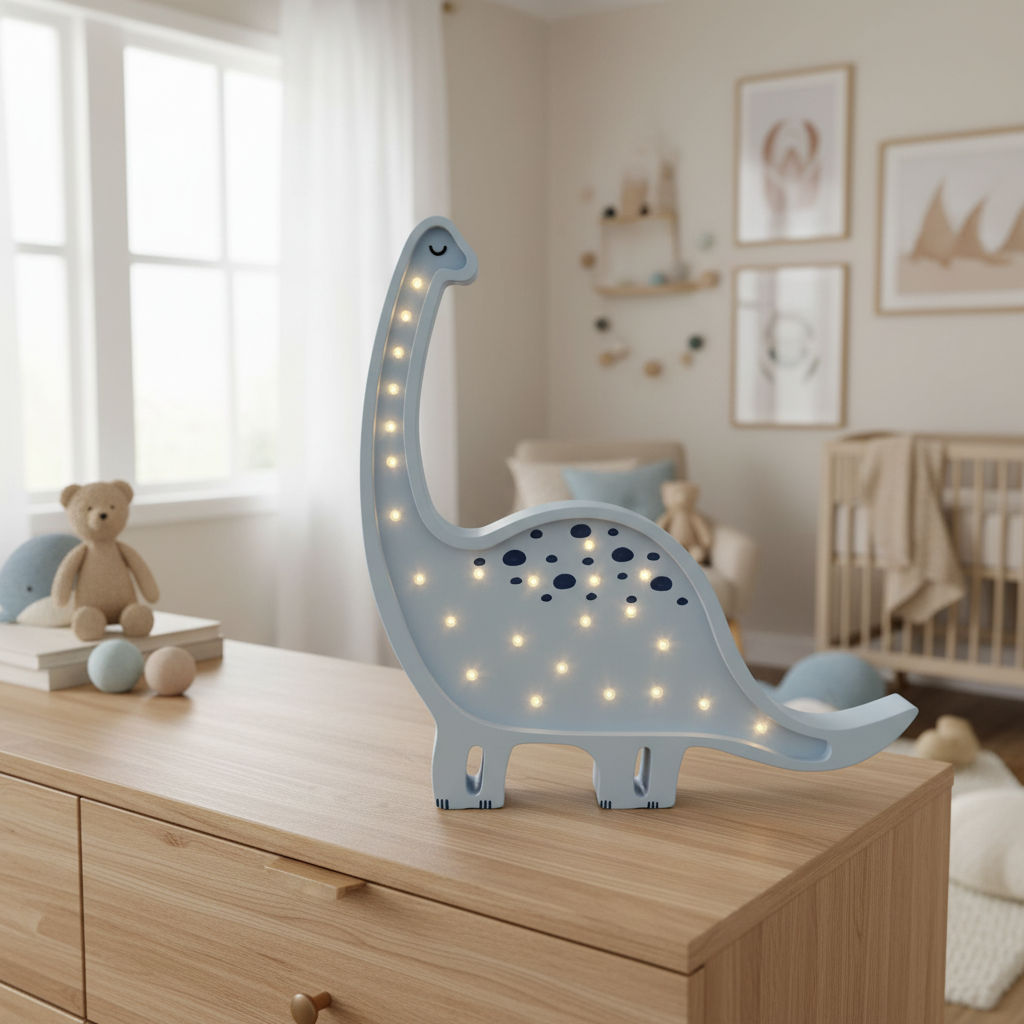 Veilleuse bébé Diplodocus bleu pastel dans une chambre scandinave