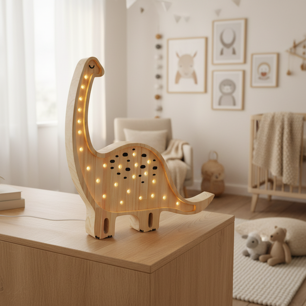 Veilleuse bébé Diplodocus en bois dans une chambre scandinave