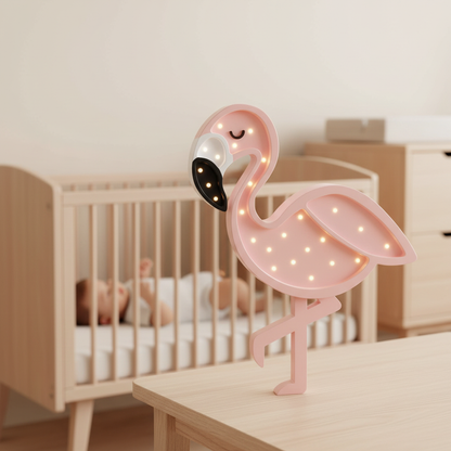 Veilleuse bébé Flamant Rose allumée près du berceau de bébé