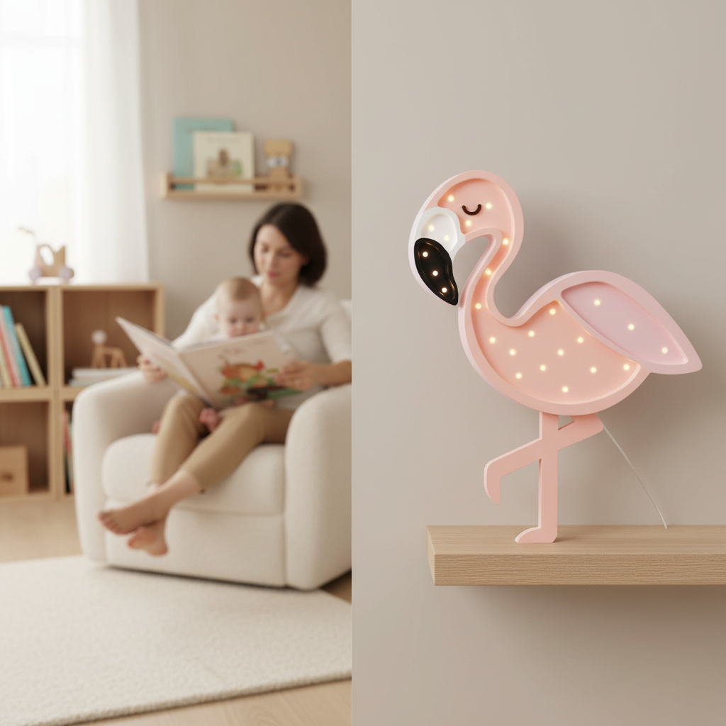 Veilleuse bébé Flamant Rose dans un coin lecture avec bébé