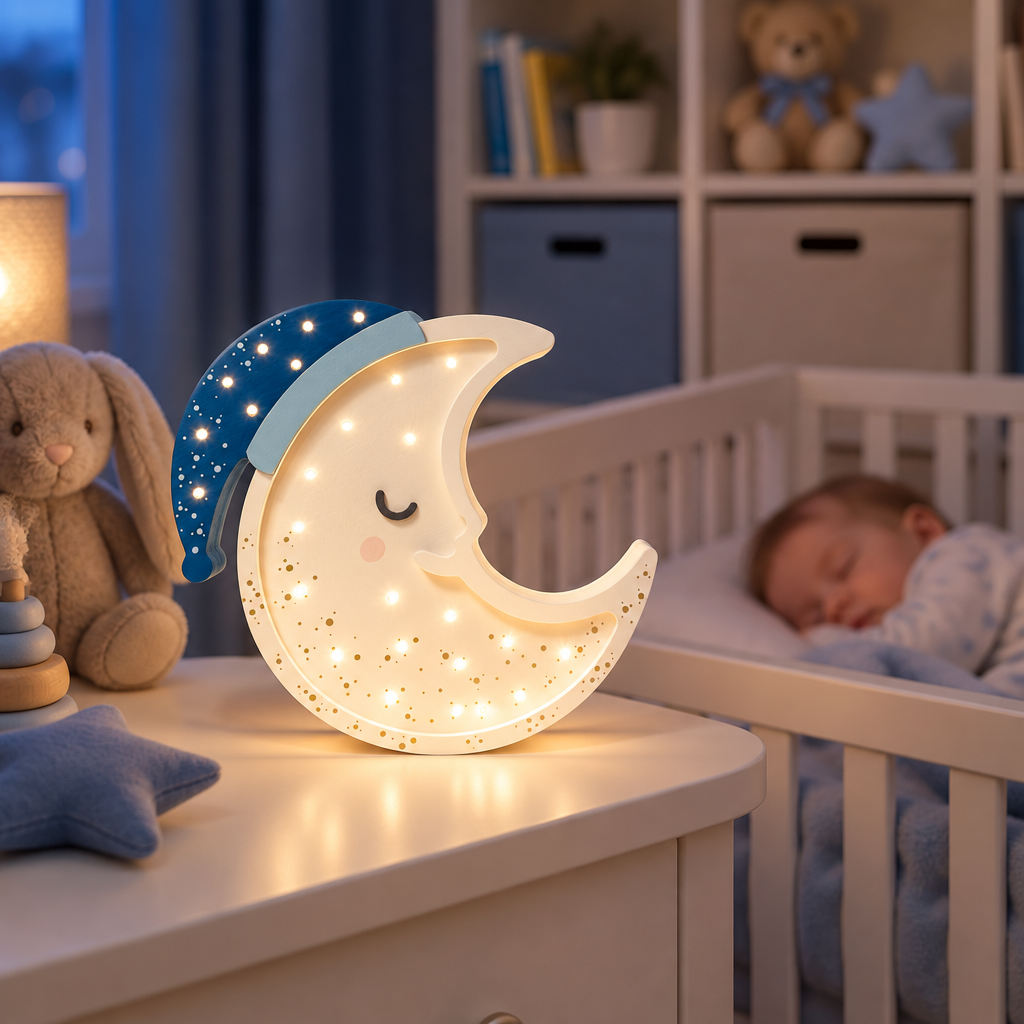 Veilleuse bébé Lune éclairée près d’un bébé endormi