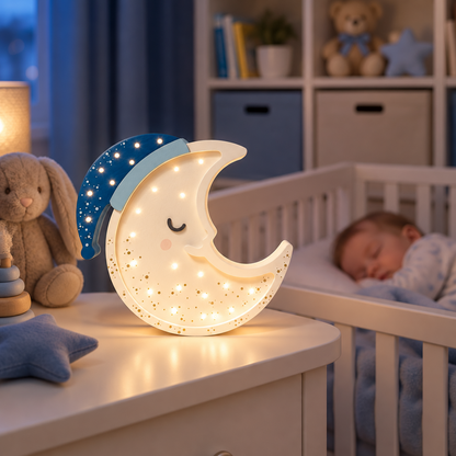 Veilleuse bébé Lune éclairée près d’un bébé endormi