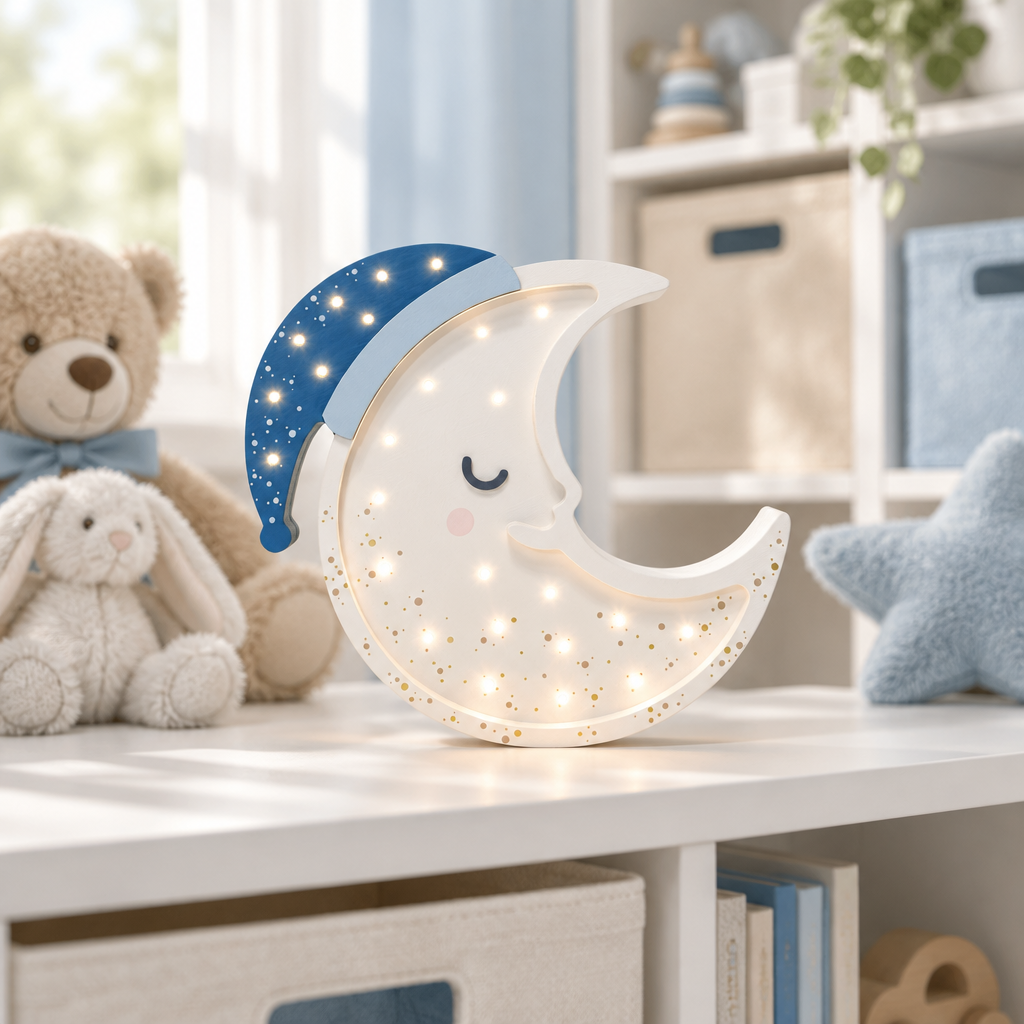 Veilleuse bébé Lune éclairée dans une chambre lumineuse