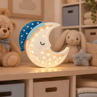 Veilleuse bébé Lune LED allumée sur une étagère avec peluches