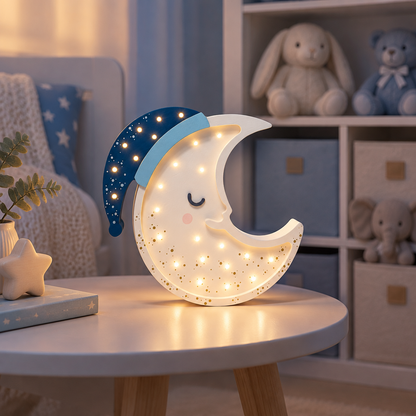 Veilleuse bébé Lune allumée sur une table de chevet