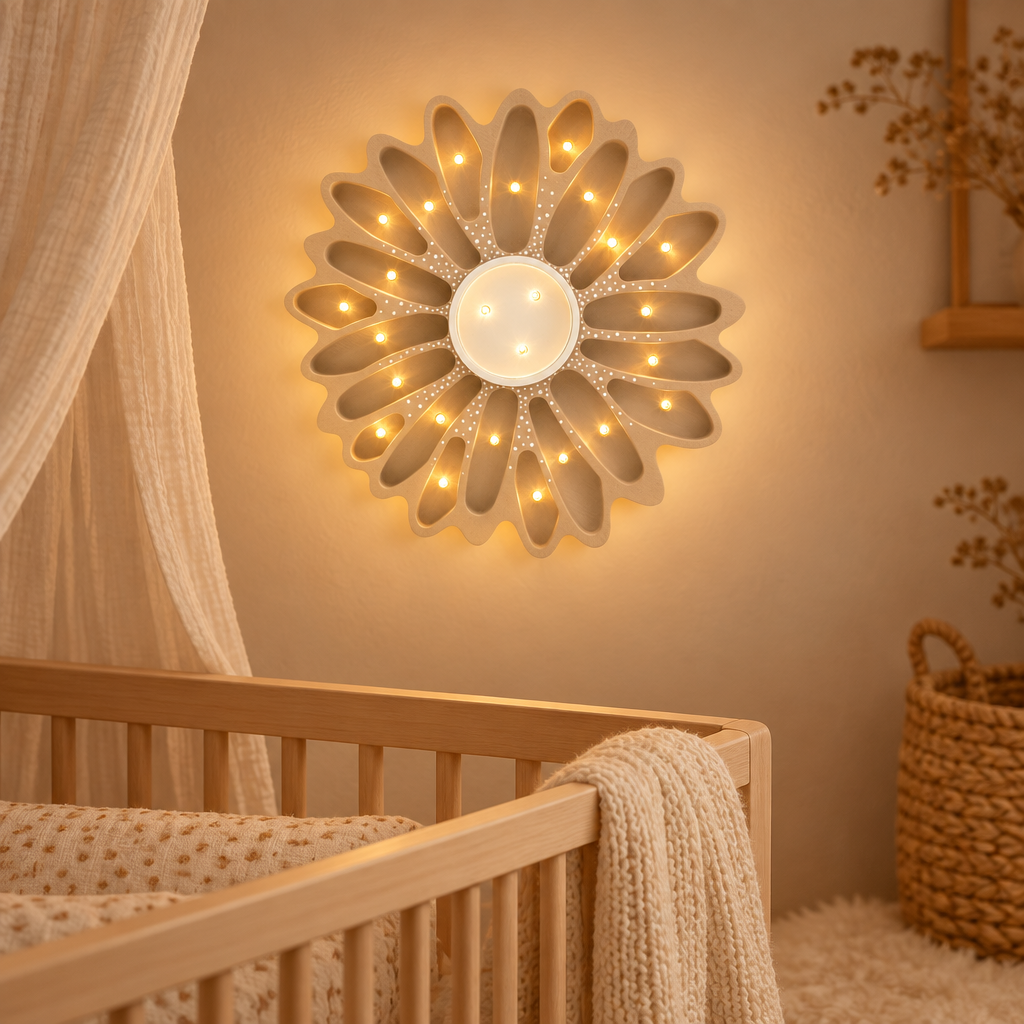 Veilleuse bébé Marguerite beige dans une chambre naturelle