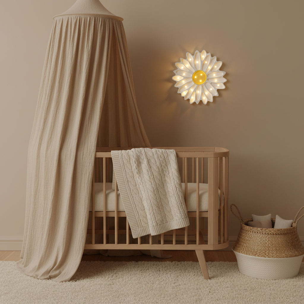 Veilleuse bébé Marguerite blanche dans une chambre beige