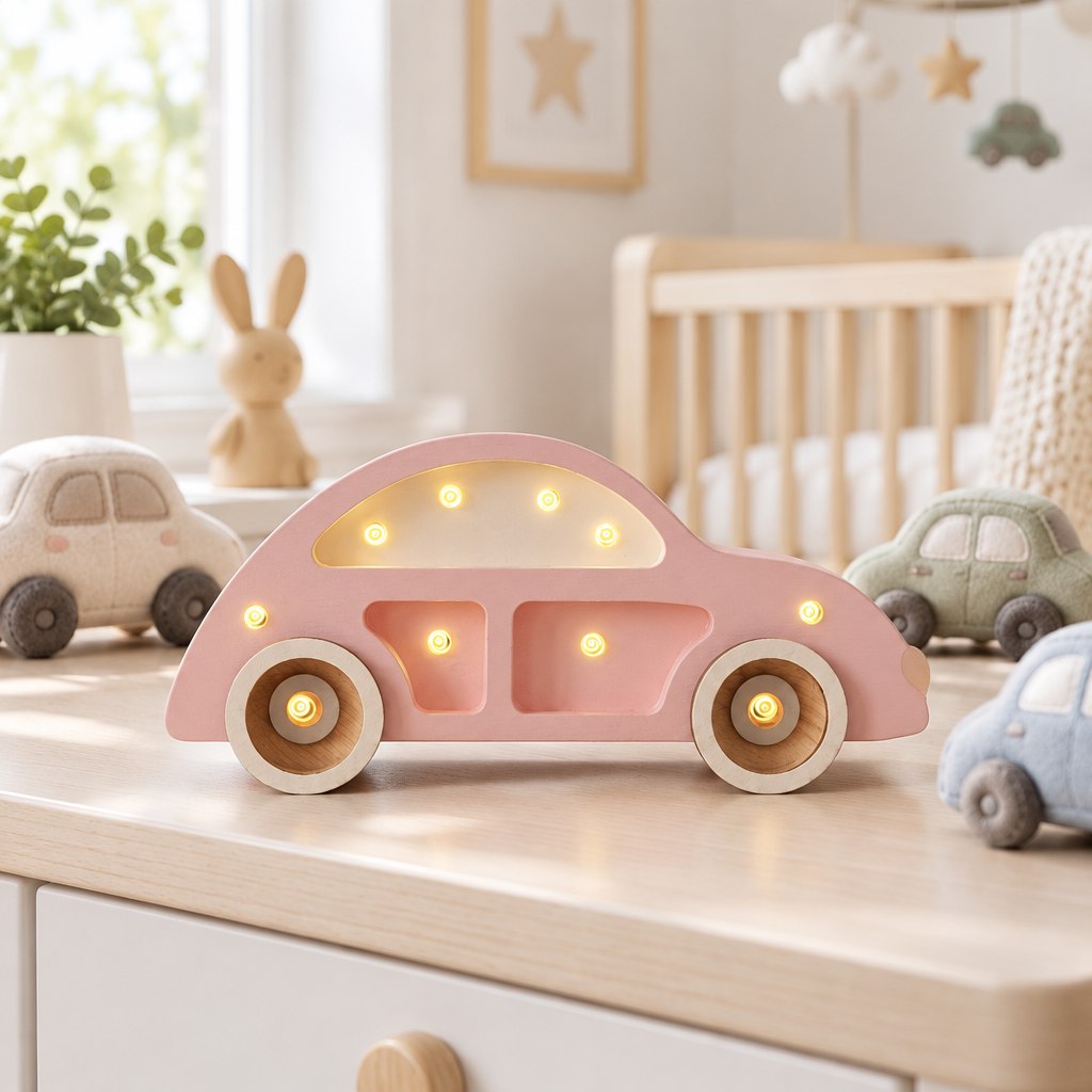 Veilleuse Voiture rose sur une table de chevet