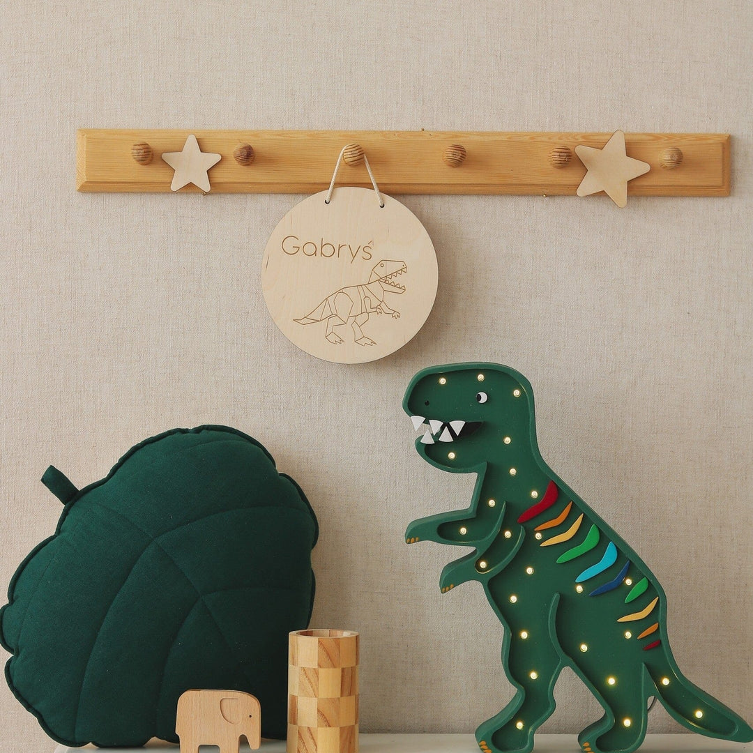 Veilleuse T-Rex en bois avec LED blanc chaud, photo fournisseur