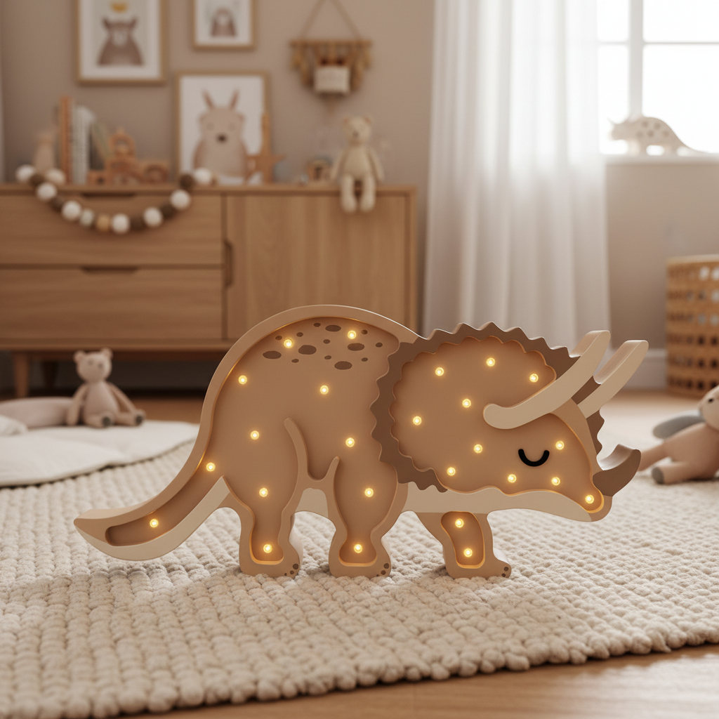 Veilleuse bébé Tricératops beige allumée dans une chambre scandinave