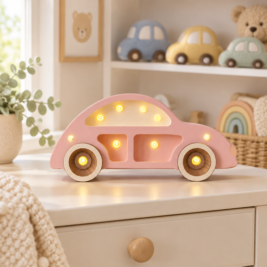 Veilleuse bébé Voiture rose dans une décoration de chambre