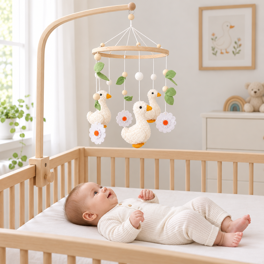 Vue de face du mobile bébé artisanal Canetons et Fleurs