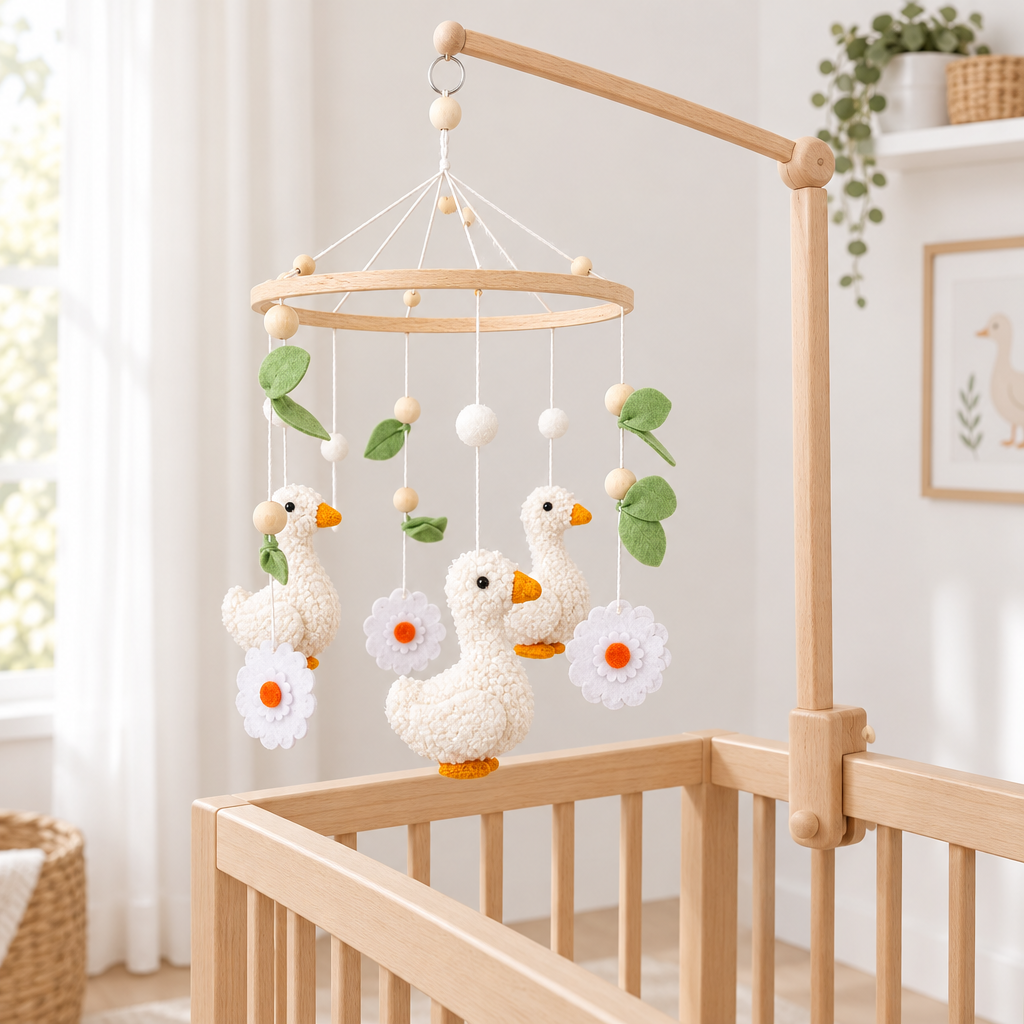 Vue de trois quarts du mobile bébé artisanal avec canetons, fleurs et feuilles