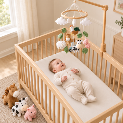Vue en hauteur des animaux de la ferme du mobile bébé artisanal